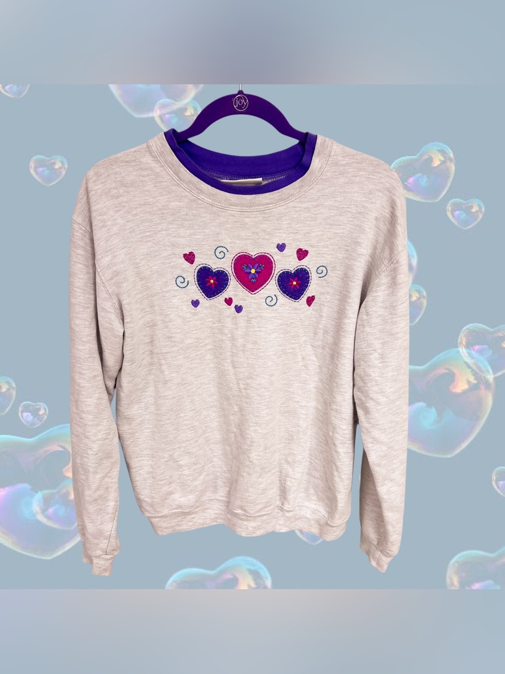 Vintage Country Store pink and purple embroidered hearts gray sweater